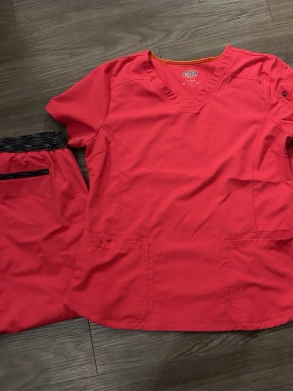 Dickies Women's Coral-Red V-Neck Scrub Top and Pants set